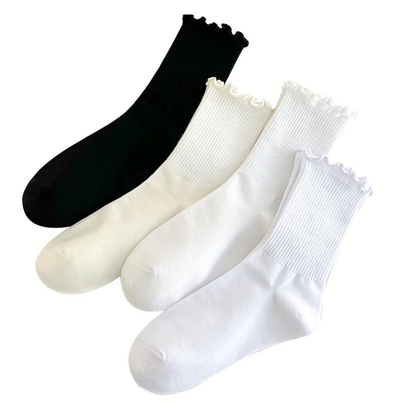 Lace Wood Ear Socks with White Vertical Stripes - Trendy Mid-Calf Roll Edge JK Socks for Spring/Summer