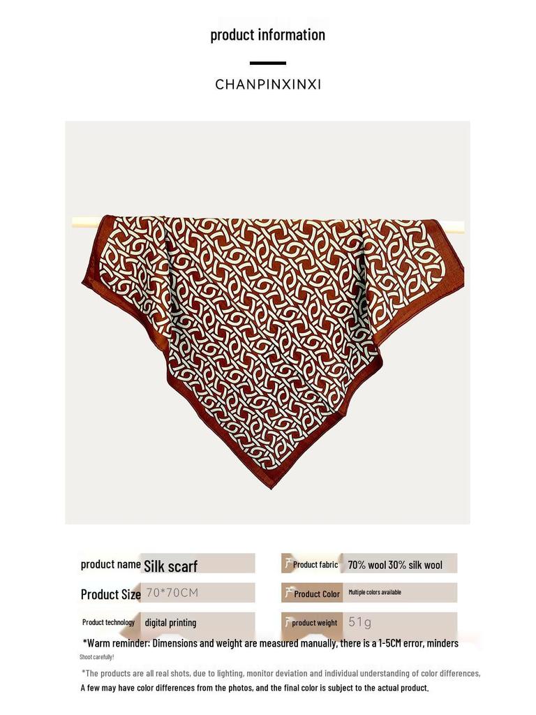 Autumn/Winter Silk Wool Scarf - Mulberry Silk Square with Hand-rolled Edges