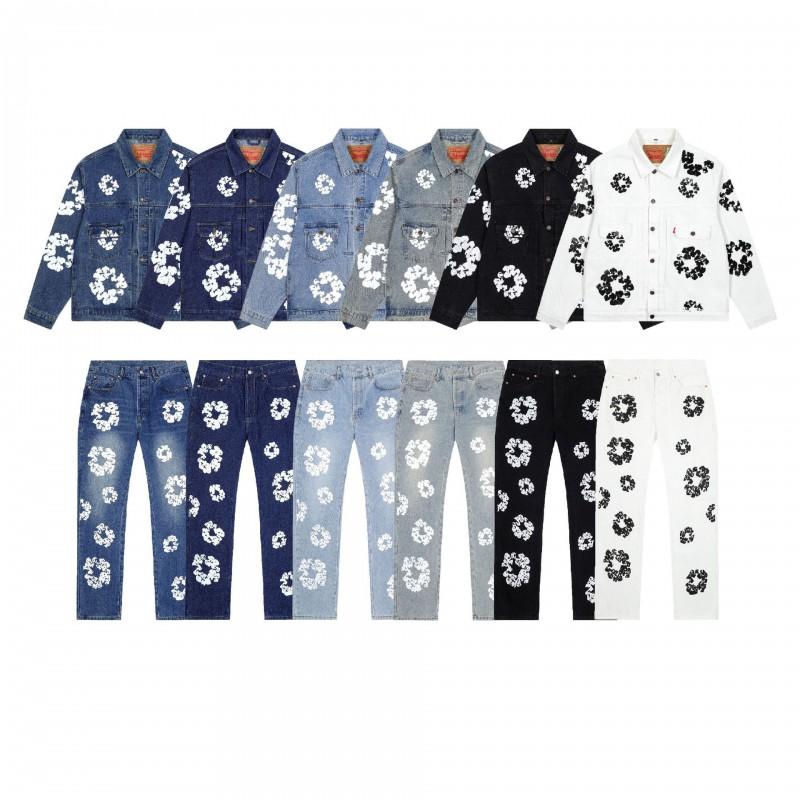 Streetwear Cotton Denim Jacket Pants Set With Floral Print Unisex Fall Outfit