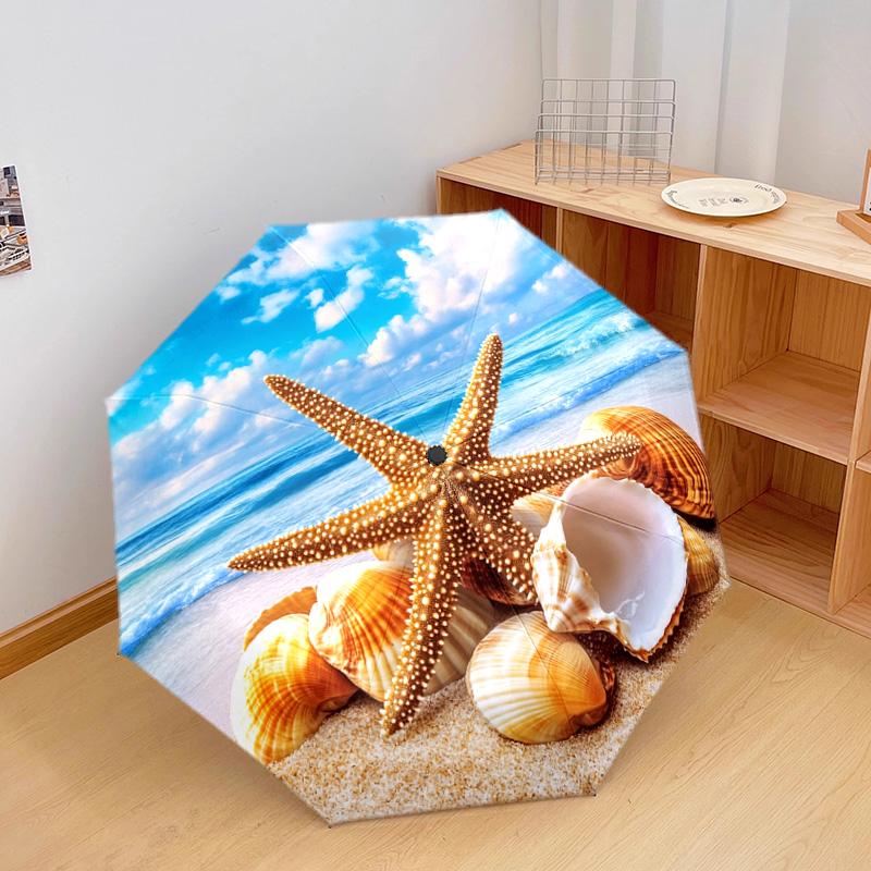 1 PC Automatic Folding Umbrella - Starfish Shells Pattern, Portable & Foldable Design with 8 Ribs, Christmas Birthday Gifts