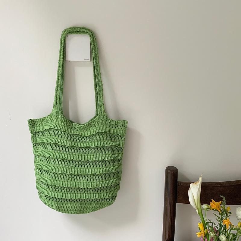 Sac fourre-tout en tricot grande capacité couleur unie pour femme, sac à main d'été pour les vacances à la mer, sac à bandoulière au crochet pour dames