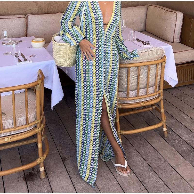 Лоскутное Женское Трикотажное Платье с Глубоким V-образным Вырезом — фото 8