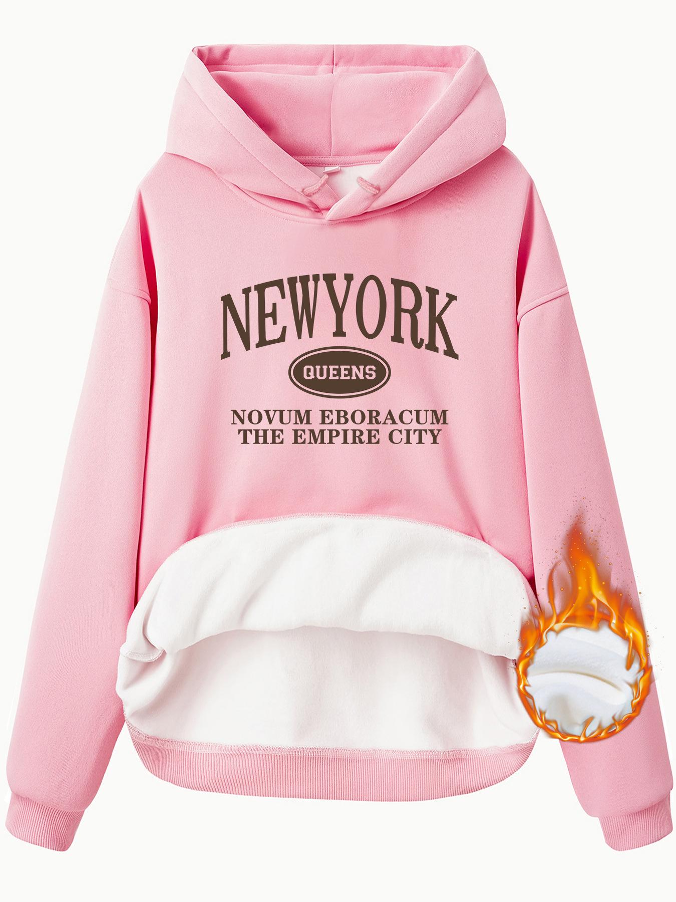 

Женская толстовка с капюшоном с карманом-кенгуру в европейском и американском стиле с принтом NEWYORK — с длинными рукавами, плюс бархат, стиль осень/зима. M розовый
