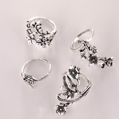 Conjunto de 4 peças de anel esculpido oco em prata antiga vintage, elegante e personalizado