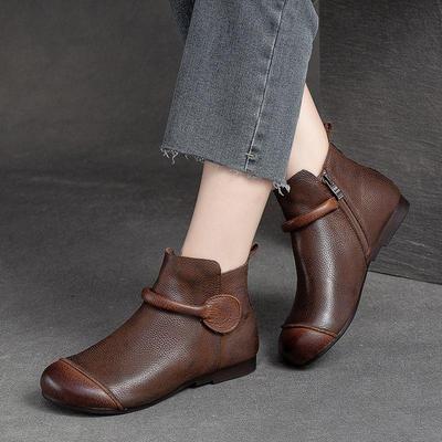 Retro Women's Genuine Leather Ankle Boots - Warm Velvet Lining, Non-Slip Soft Sole, Winter Wool Snow Boots