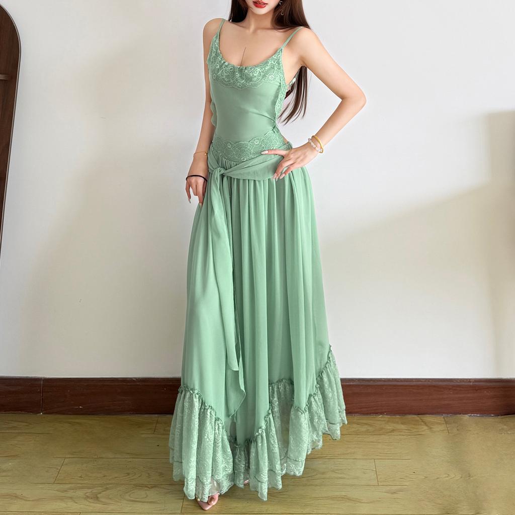 European and American style summer new women's clothing lace splicing suspender waist ruffle edge skirt long dress dress
