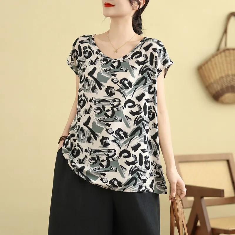 Women's Loose Short Sleeve T Shirt Solid Color Abstract Print Casual Daily Top