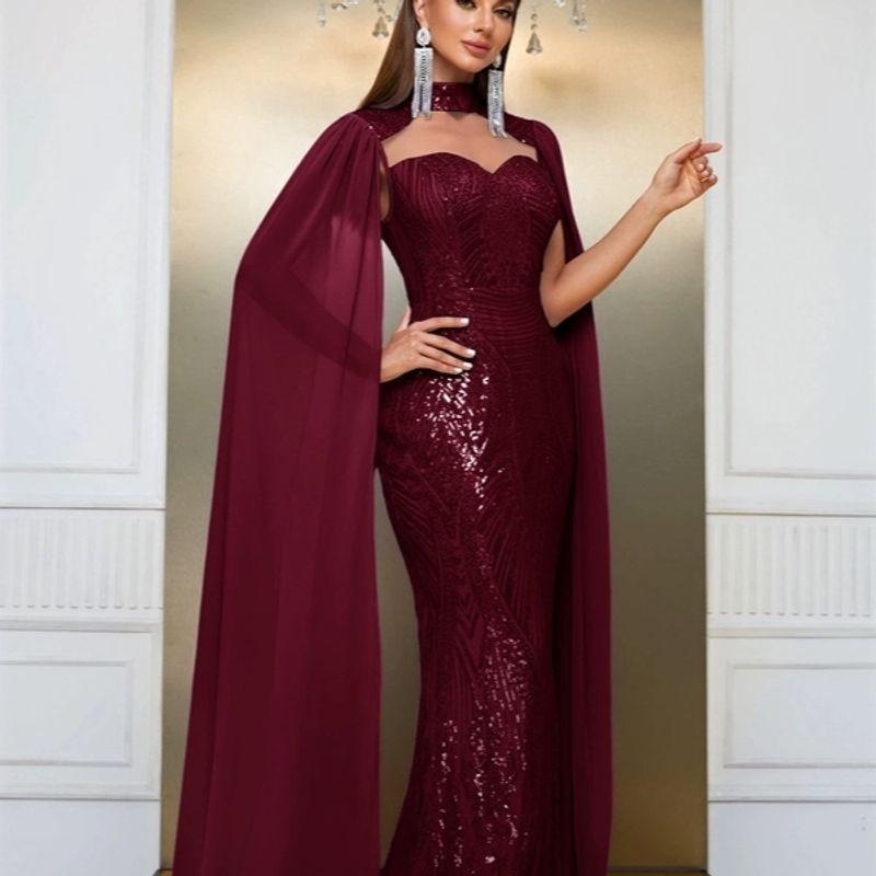 European and American Style Formal Dress Plus Size Women's New High-End Long-Sleeve Shawl Evening Gown with Sequins and Bodycon Design