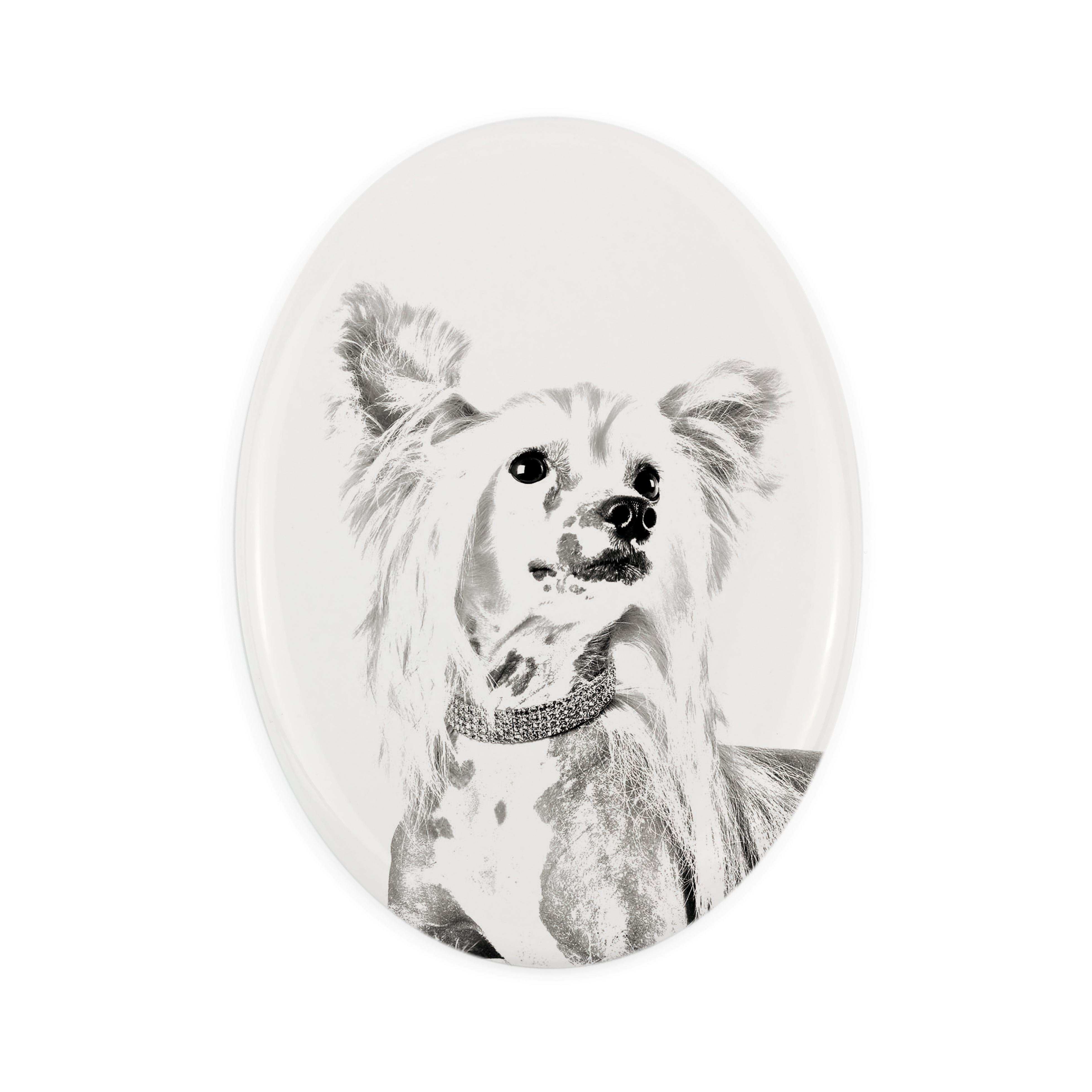 

Chinese Crested Dog, Puff - commemorative plaque with a photo of a dog, tombstone with a print, personalized oval plaque from the Art-Dog brand білий