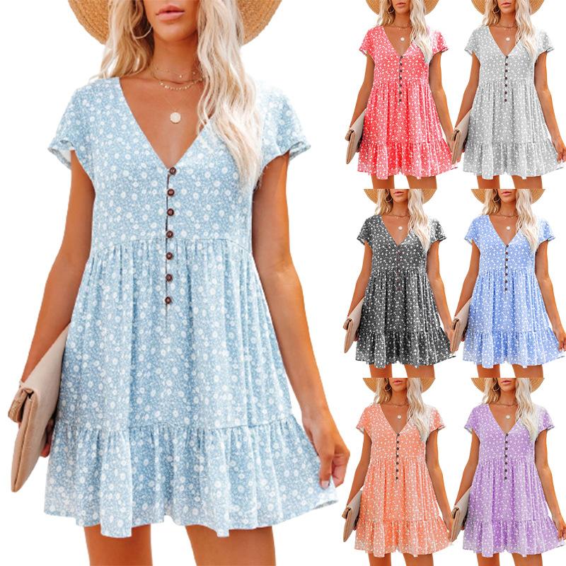 Women's Short-sleeved V-neck Short Floral Lotus Leaf Dress