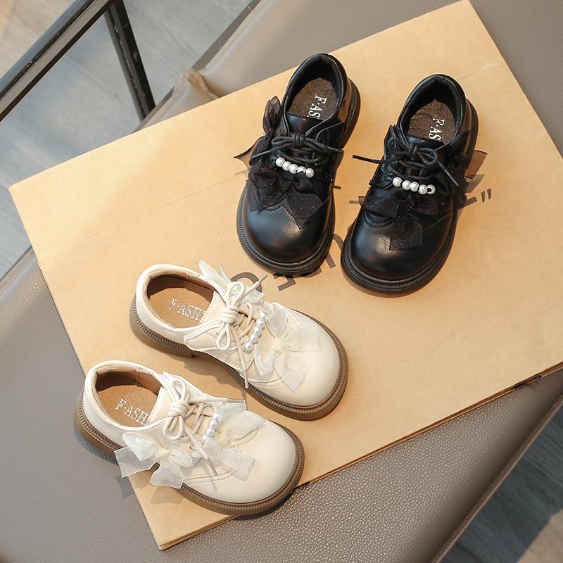 Girls Leather Shoes Round Toes Soft Sole Kids Princess Shoes Mesh Lace Bow 2025 New Girls Flats Black Matte Dance Performance