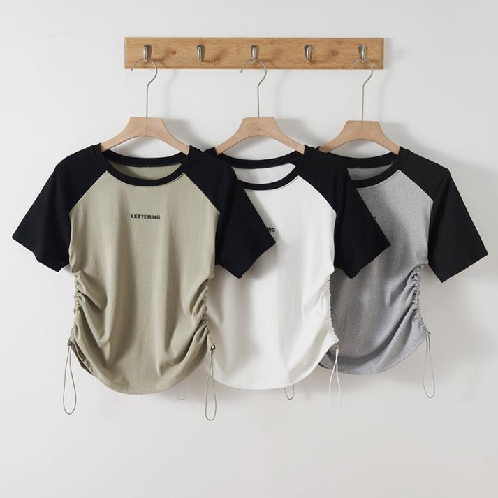 Summer Color Stitching Letter Printed T Shirt for Women Clothes Harajuku casual slim drawstring T-shirt Y2k short Top Streetwear