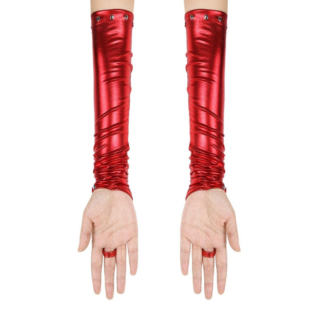 Women Ladies Wetlook Metallic Fingerless Latex Gloves with Rivets Patent Leather Elbow Length Long Gloves Night Club Dancewear
