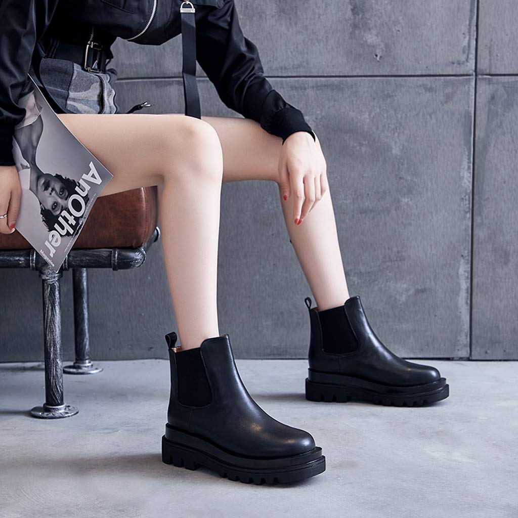 Placck Chelsea Genuine Side Platform Plus Size Women's Boots, Leather, Gore, Sole, Leg-Slimming, Casual, (Height 23cm)