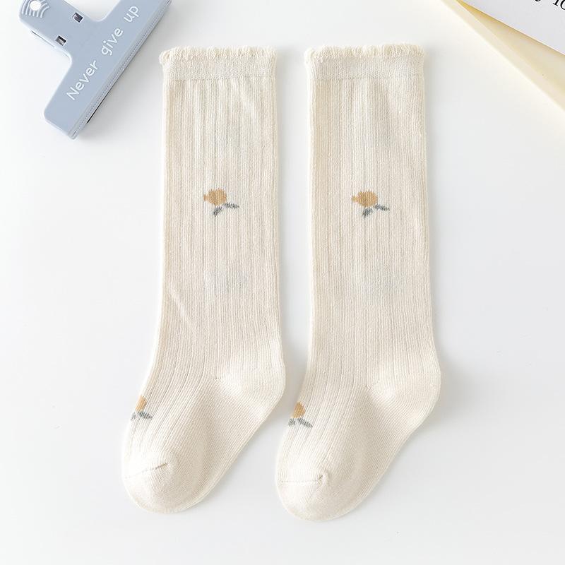 Spring Summer Thin Baby Girl Long Socks Soft Cotton Breathable Stockings Flower Print Anti Slip Floor Sox Knee Protection Sokken
