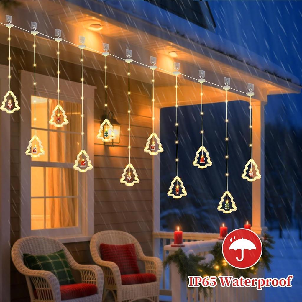 Christmas Tree Curtain Lights, Christmas Window Lights Decor with Remote,8 Lighting Modes, IP65 Waterproof, 10 Hooks Christmas Decorations Indoor