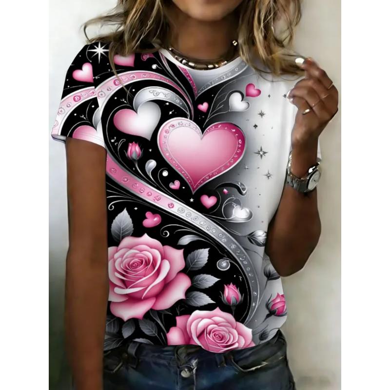 Women's Crew Neck Short Sleeve Fashion Women's Clothing 3D Love Color Printing Crew Neck T-Shirt