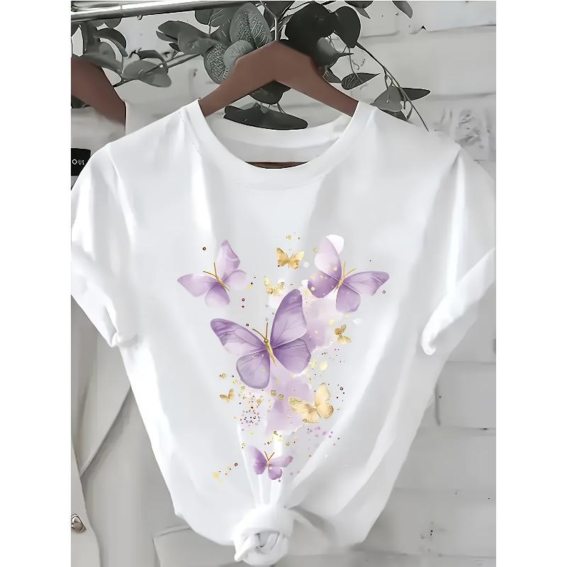 

European Size Women S Casual Short Sleeve T-Shirt with Purple Butterfly & Golden Glitter Design - Round Neck, Summer Essential for Casual Attire 4XL білий
