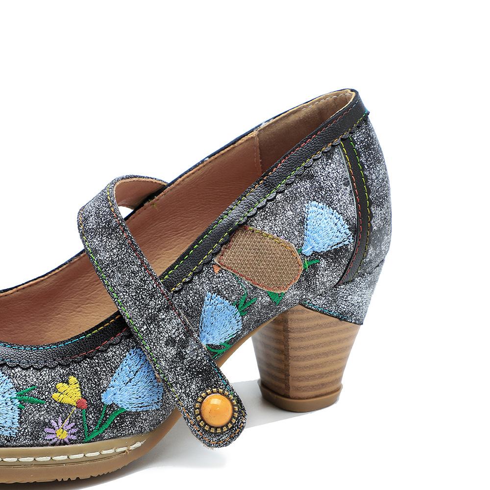 Johnature Retro Embroidery Pumps Damesko Mary Jane Rund tå Tykke hæler Komfortable høye hæler