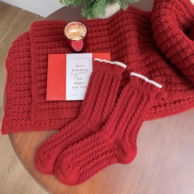 Women's Red Wool Mid-Calf Socks: Winter Warmth, New Year & Christmas Gift