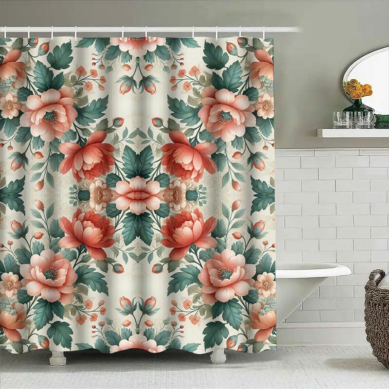 Floral Print Shower Curtain Rustic Style Bath Decor For Home Decoration With Hooks Included In 3D Floral Design Fabric Waterproo