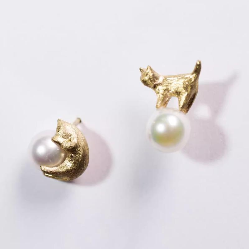 Original Matte Shiny Asymmetric Cute Earings Stud Vintage Fine Jewelry Light Luxury Daily Earing Pearl Cat Earrings For Women