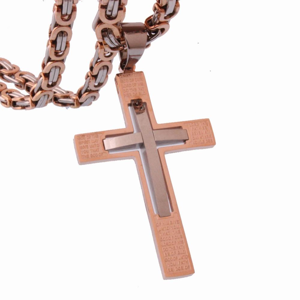 Fashion Rose Gold Cross Pendant Necklace Male Gift Trendy Stainless Steel 6mm Flast Byzantine Chain