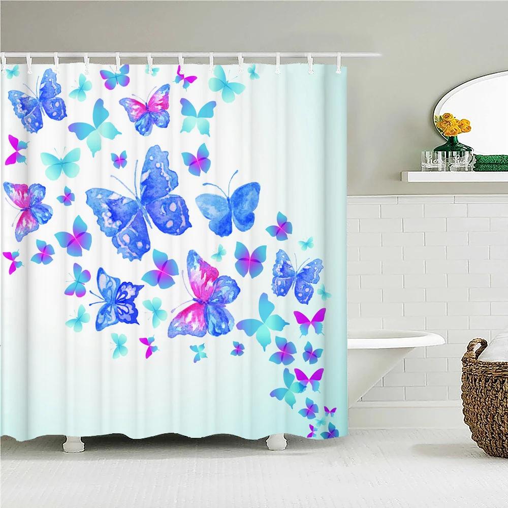 Beautiful Butterfly 3d Shower Curtains With Hooks Waterproof Fabric Flowers Printed Bathroom Curtain 180X180 Bathtub Screen W90xH180cm