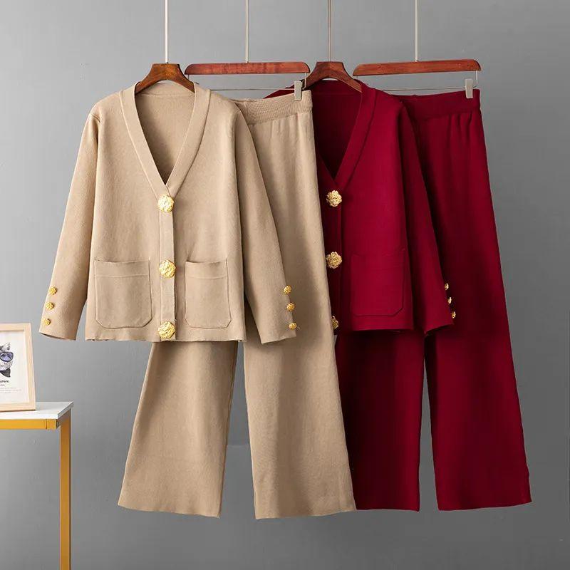 Cross-Border European Goods Casual Fashion Two-piece Set Women Autumn and Winter Versatile Metal Buckle Knit cardigan Sweater Wide Leg Pants Set