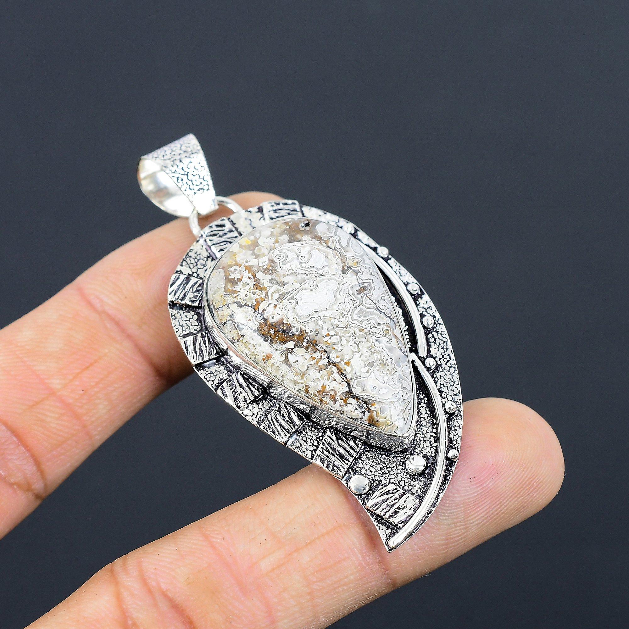 

Daughters Day Deal 925 Silver Crazy Lace Agate Gemstone Handcrafted Boho Pendant
