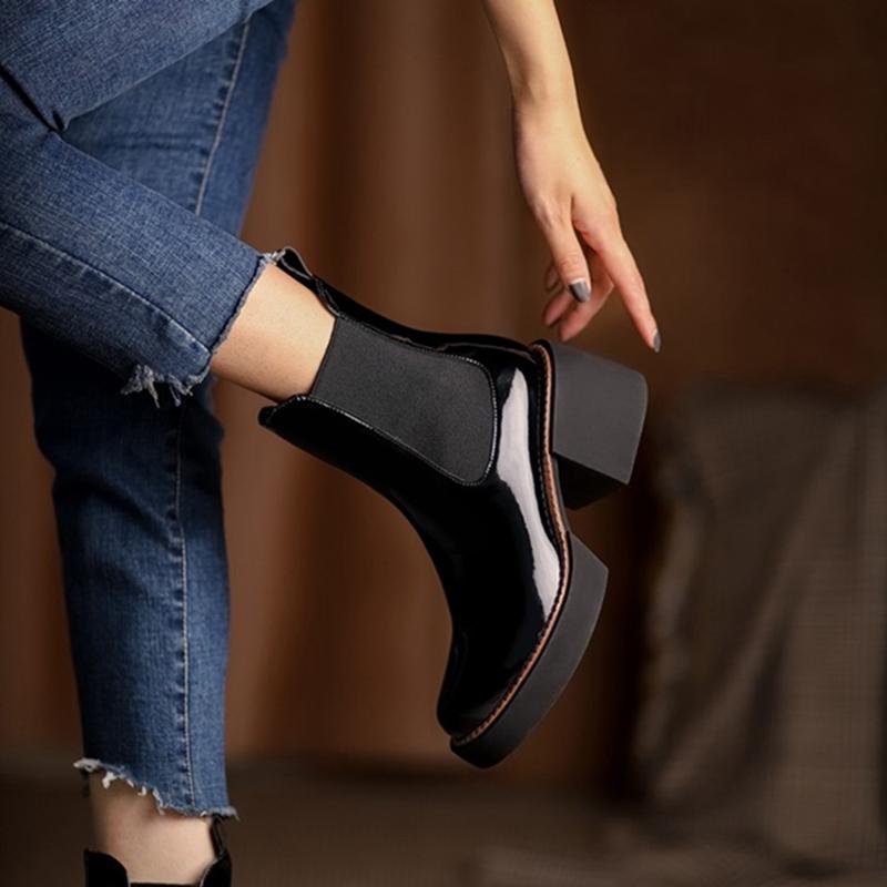 Fashion HOT SALE Women Boots Patent Leather Shoes for Women Round Toe Chunky Boots Platform Shoes Winter Modern Boots Women Punk Shoes