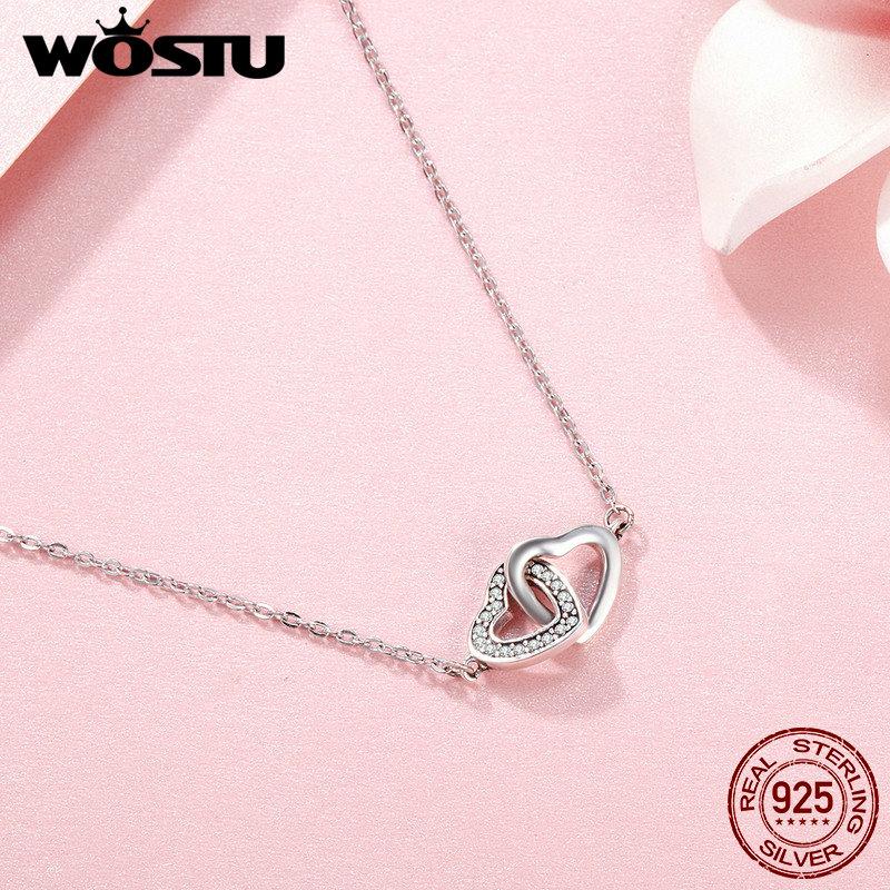 WOSTU 925 Silver Connected Heart Couple Heart Pendant Necklace for Girlfriend Jewelry Valentine Day Gift CQN181