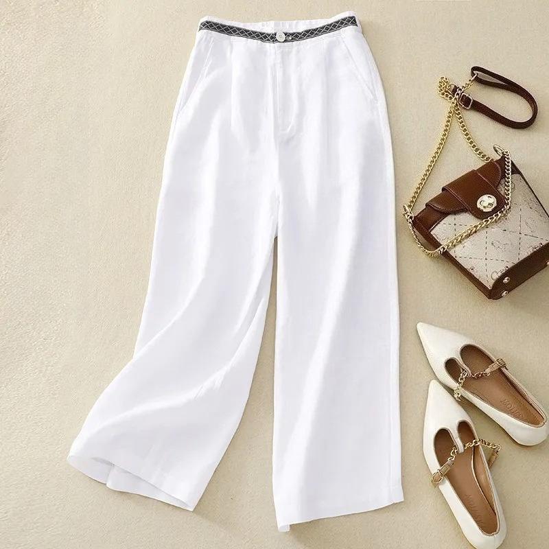 Pantalones de traje de pierna ancha de algodón y lino para mujer Moda de primavera y verano para mujer Pantalones casuales elegantes de cintura alta de nueve minutos para el trabajo