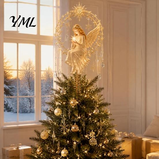 Acrylic Angel Topper Christmas Tree Topper, Winged Treetop Ornament with Fireplace Spring Base for Xmas Tree, Holiday Home Party Decor