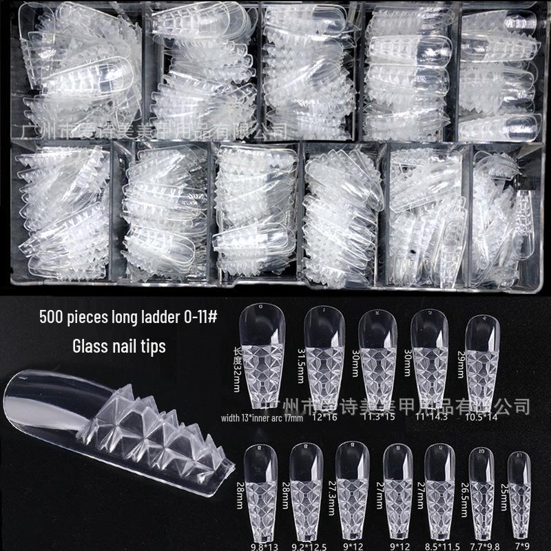 

Nail Art Glass Tips: Transparent Trapezoid 3D Crystal False Nails - Long Pointed Square, Concave-Convex Design