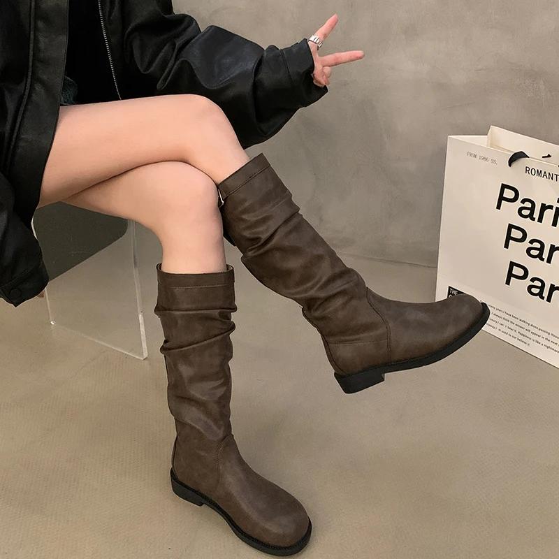 Vintage Pleated Woman Knee High Boots Shoes 2025 Spring Autumn Ladies Elegant Low Heel Knight Botas