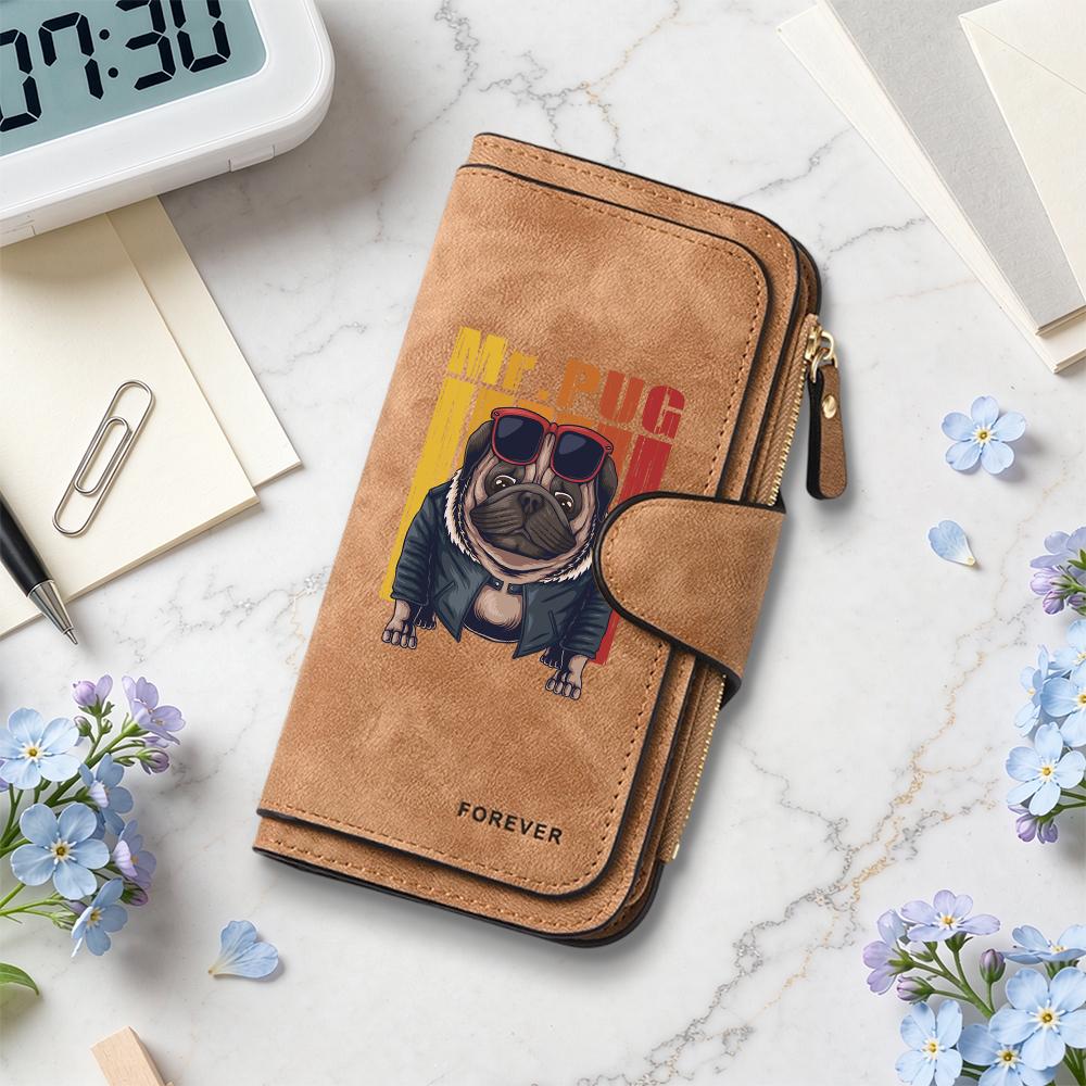 Cool Pug Pattern Long Wallet Fashion Multi Card Slot Zipper Purse for Daily Use