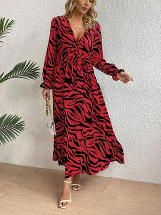 Zebra Print V-Neck Midi Dress - Elegant, Waist-Hugging, Long Sleeve, Autumn Fashion