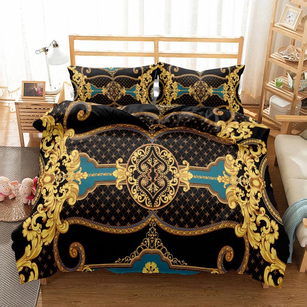 Luxury Baroque Pattern Bedding Set Golden Duvet Cover Set Twin Double Queen King Size Comforter Cover Set for Gift Bed Linen