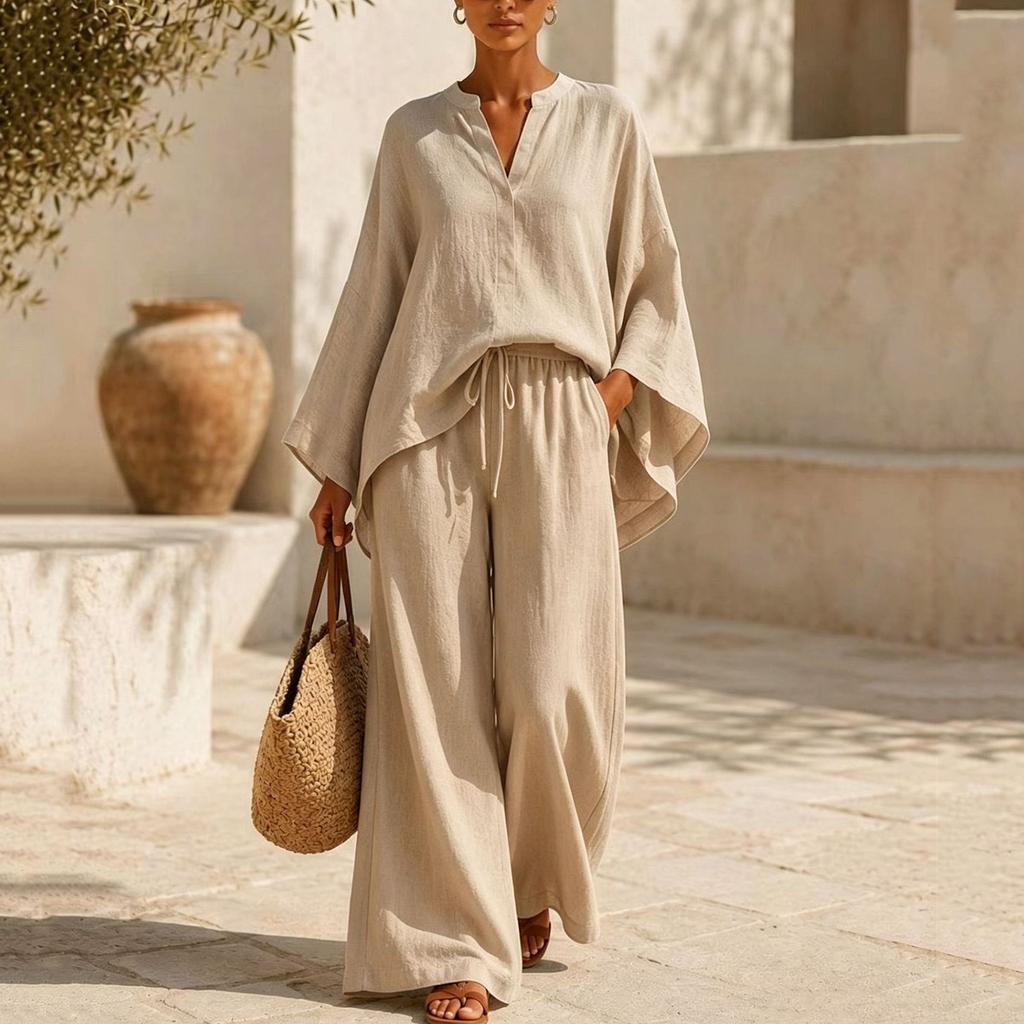 Women's Casual Loose Fit V Neck Long Sleeve Pullover Top and Wide Leg Pants Two Piece Set Comfortable Lounge Wear