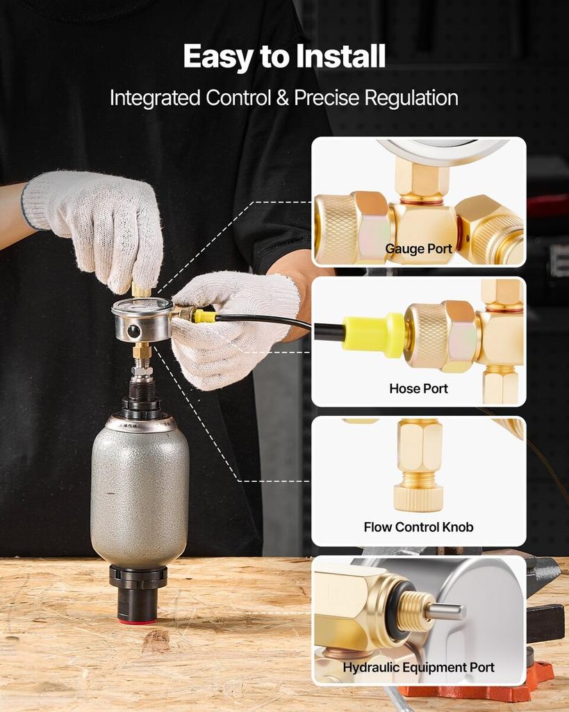 Hydraulic Nitrogen Accumulator Charging Kit, 0-100 Bar Nitrogen Fill Kit, Pressure Test System with 1 Pressure Gauge, 1 Gas Hose, 1 Valve Body and 1