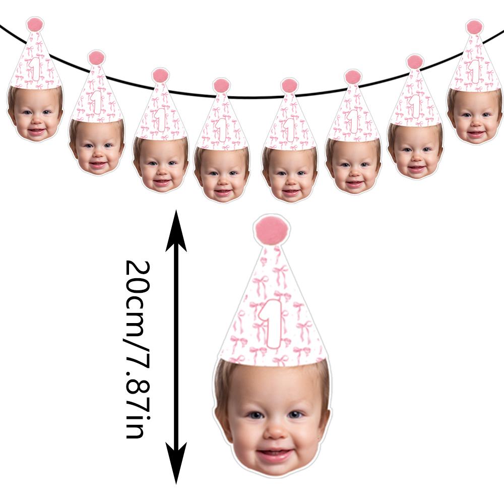 Personalized photo pink birthday hat banner, suitable for the first milestone birthday banner, bow themed birthday decoration 8pcs