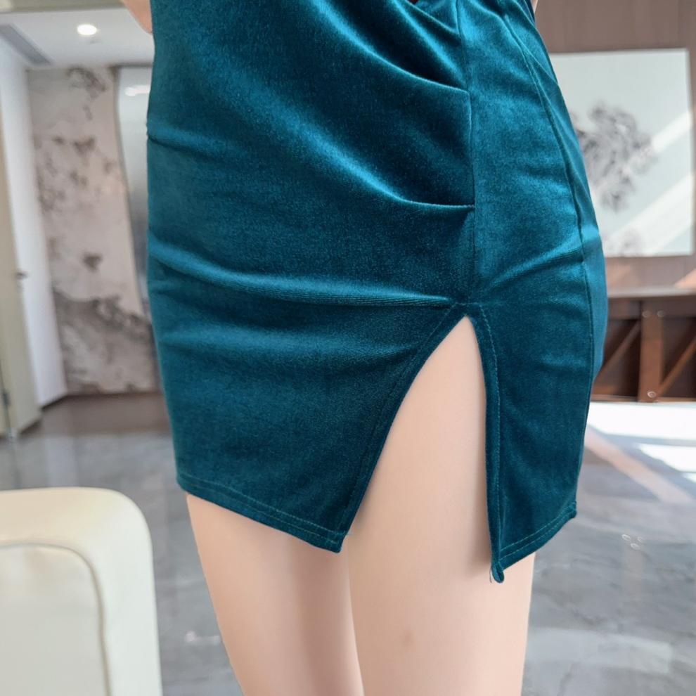 2026 Frühling Samt Bodycon Nachtclubkleid mit sexy Patchwork-Schlitz