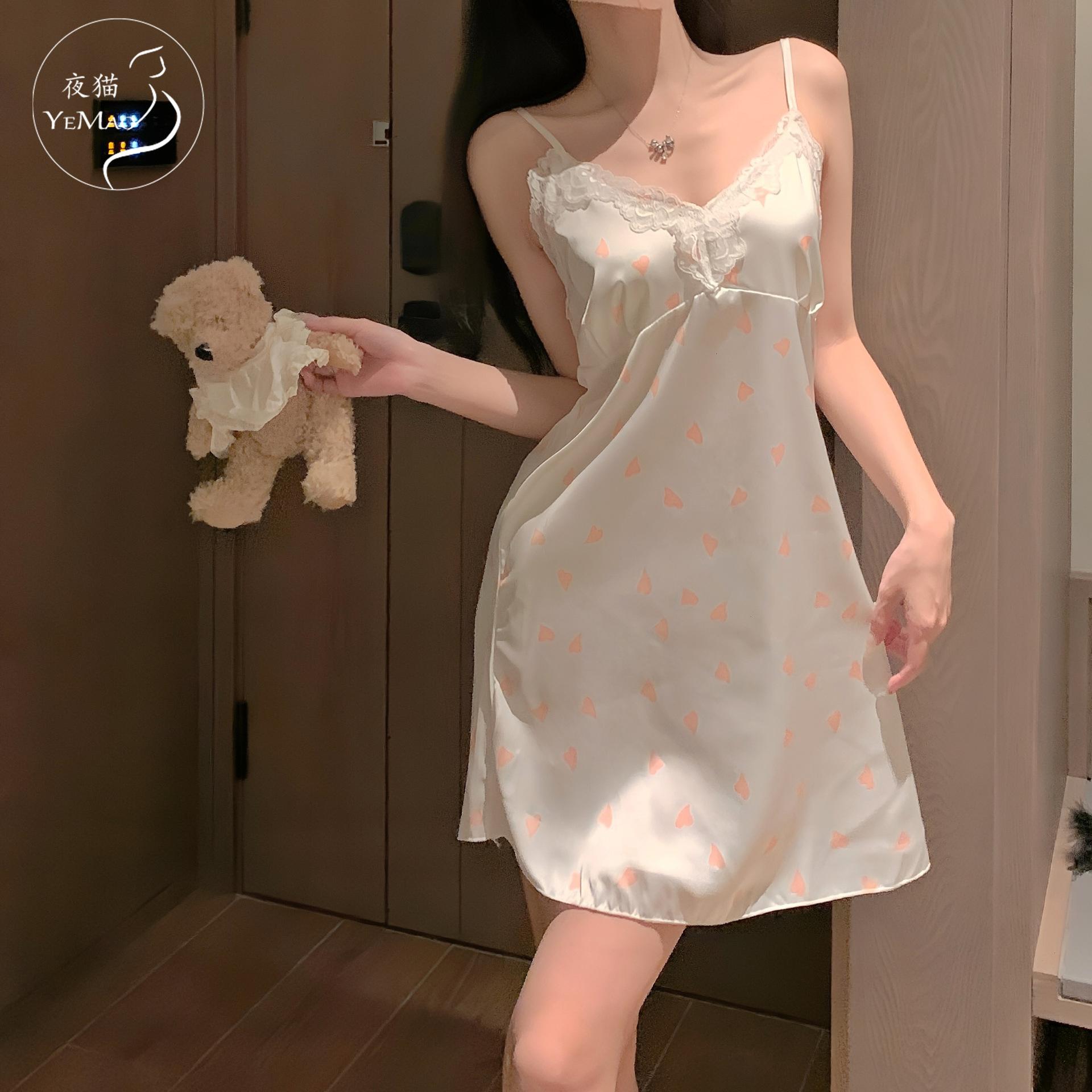 Sexy underwear, sexy, sweet and pure desire style printed nightdress, women s plus chest pad, suspender, ice silk nightdress, loungewear M【 40-57.5kg 】