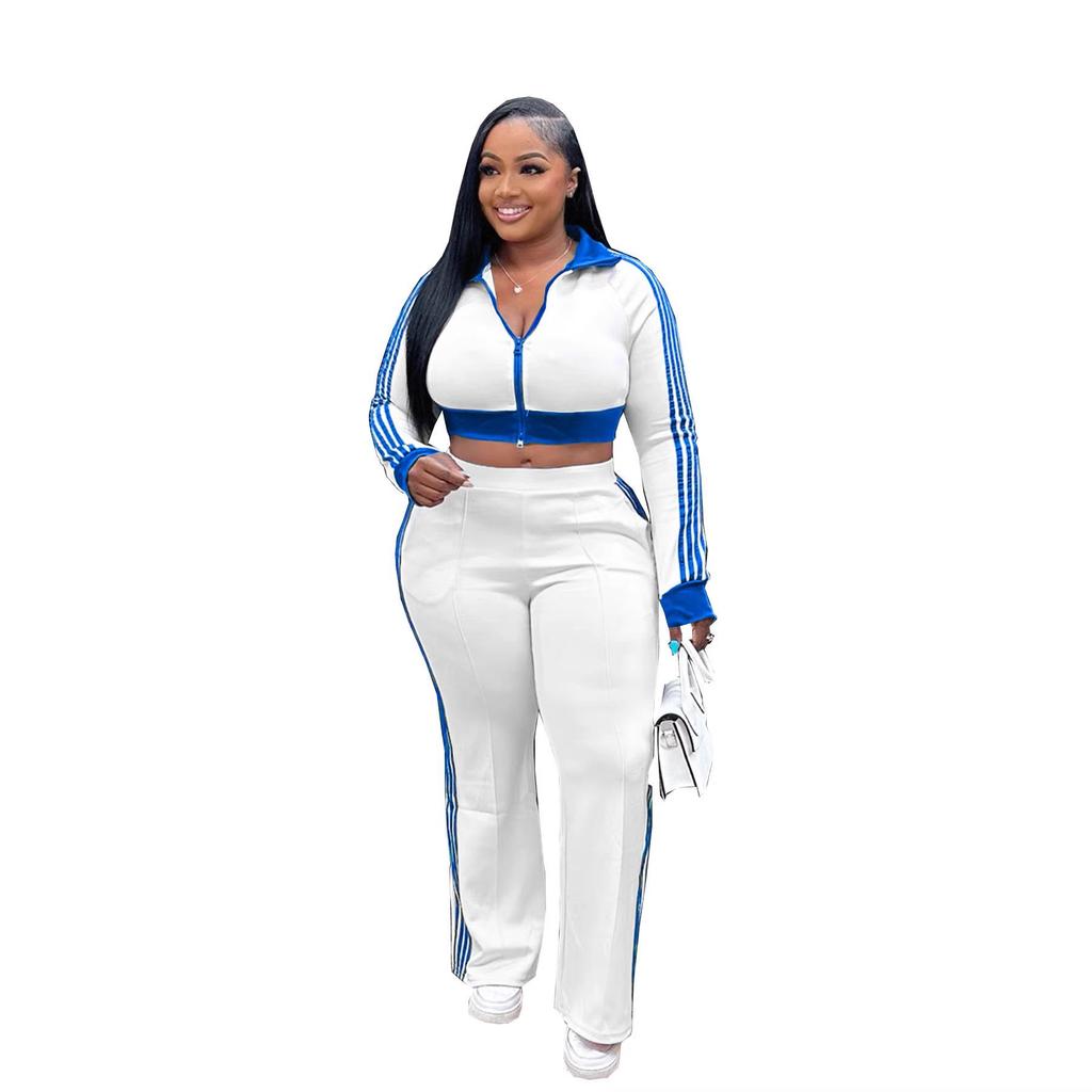 TW768 Women's Casual Color Block Zipper Crop Top & Slim Fit Pants Set