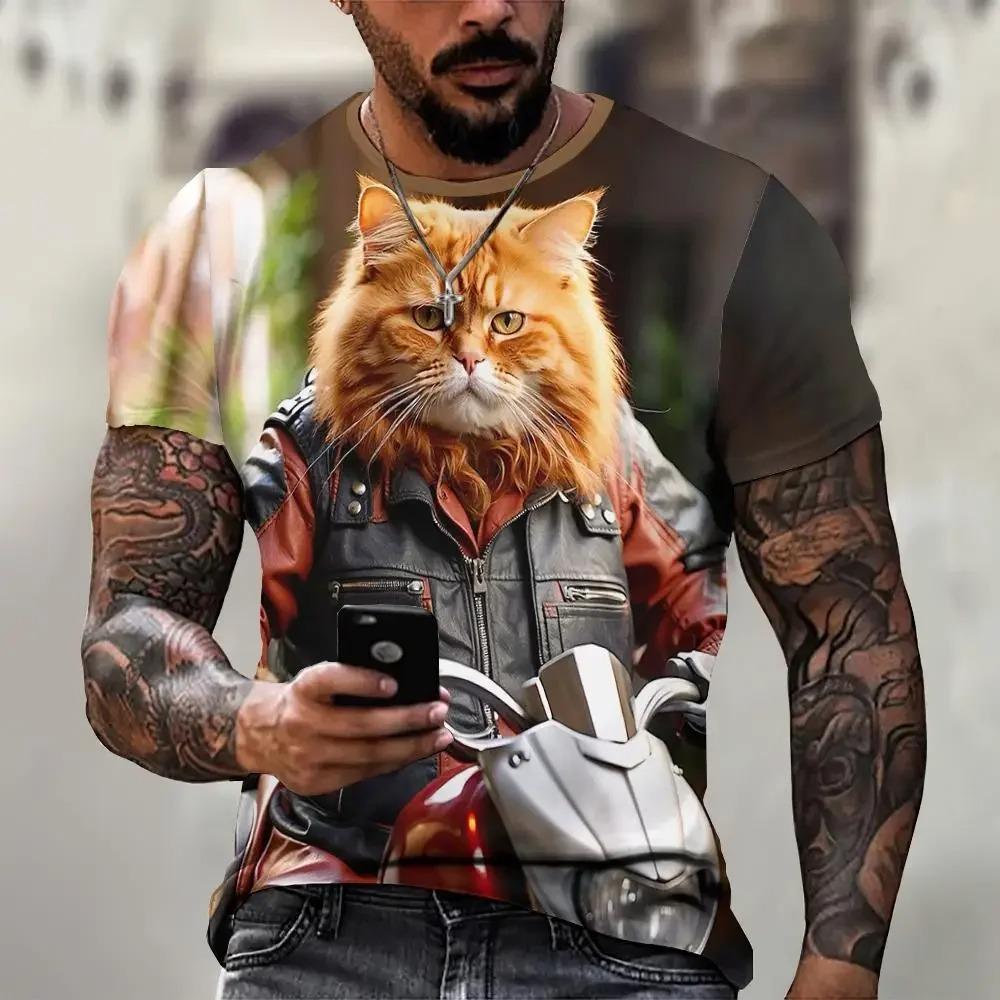 Summer Round Neck 3D Cool Cat Graphic Print Top Fashionable Casual Short Sleeved Men's T-shirts