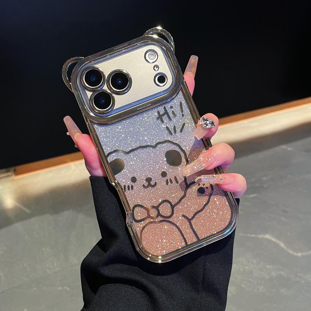 Cute Bear Ear Plating Crossbody Strap To Phone Case For iPhone 17 16 15 14 13 12 11 Pro Max X Xs Max 7 8 Plus 17Air Cover Girl