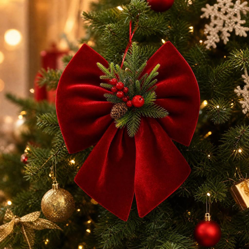 Wine Red Velvet Christmas Tree Ornament with Branch Decor