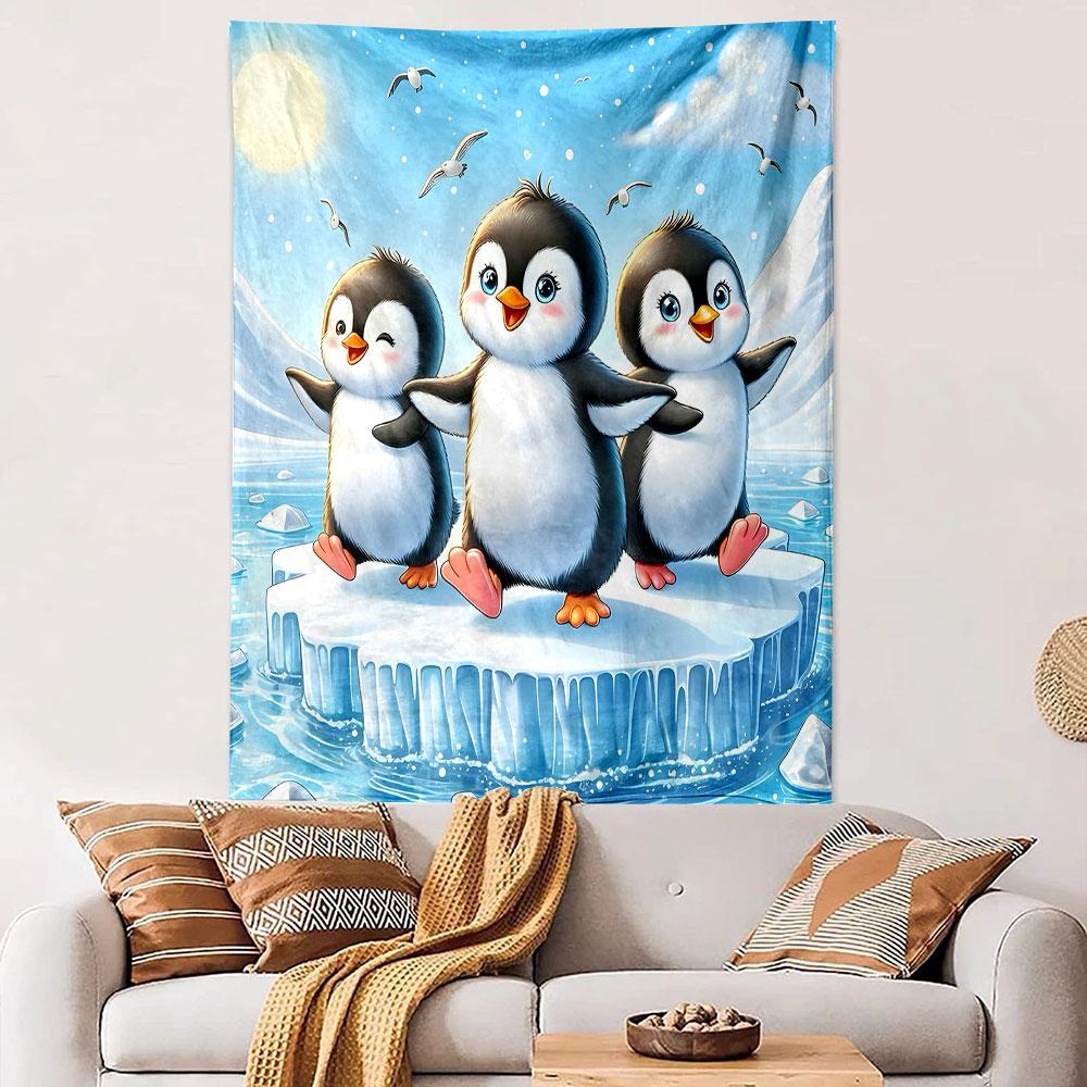 Three Cute Baby Penguins Walking on Ice Floe Snowy Day Wall Tapestry Kids Decor for Nursery Girls Bedroom Playroom Gift