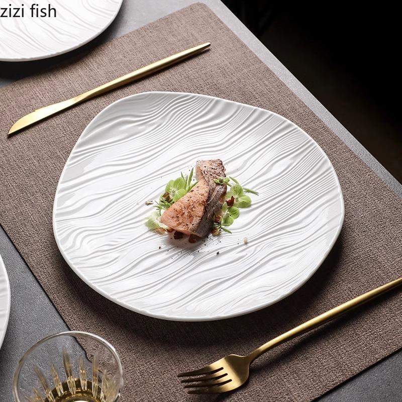 Water Ripple Ceramic Shallow Plate Pure White Irregular Salad Plate Steak Plate Dessert Plates Restaurant Creative Tableware